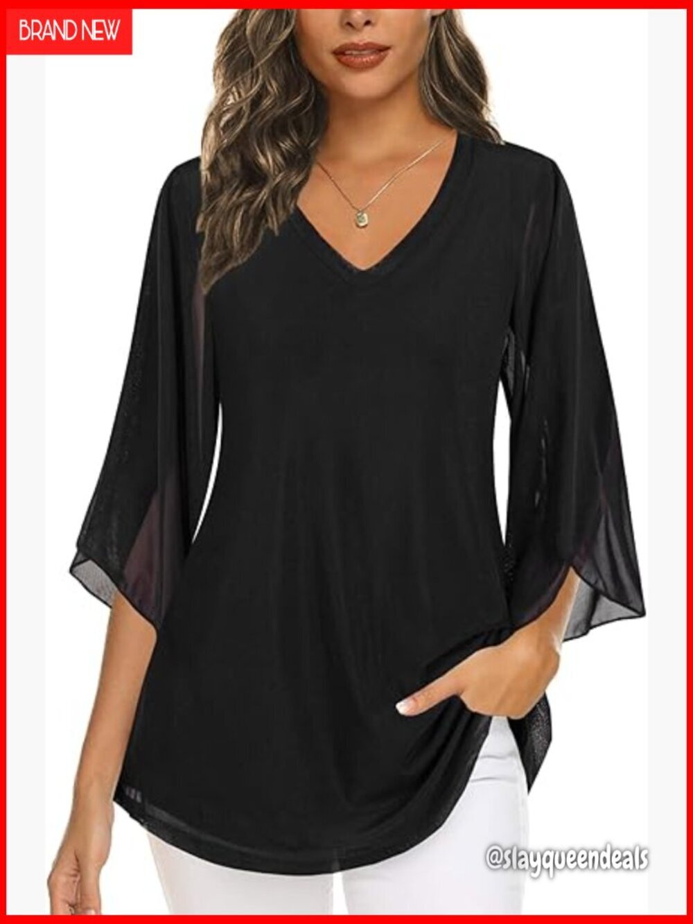 3/4 Sleeve V-Neck Double Layer Mesh Blouse Loose Fit Tunic Top